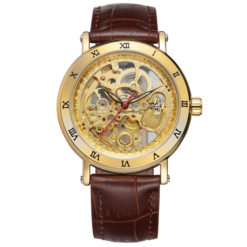 FORSINING Automatic Mechanical Hollow Out Waterproof PU Leather Strap Male