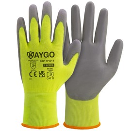 KAYGO Work Gloves PU Coated-12 Pairs, KG11PG, Safety Working Gloves with Secure Grip on Palm & Fingers, for Men and Women, Ideal for General Purpose Light Duty Work, Gardening (XX-Large, Green)
