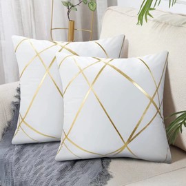 White Velvet Cushion Cover, 40 x 40 cm, Set of 2, Golden Geometry Decorative Cushion Cover, Sofa Cushion, Couch Cushion, Decorative Cushion Covers, Modern Decorative Cushion Cover for Bedroom, Sofa,