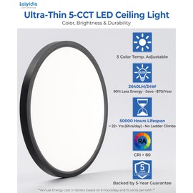 Laiyidia 6-Pack 12 Inch Black Led Flush Mount Ceiling Lights, 24W 2640LM 5CCT Selectable (2700K-6500K),Low Profile Flushmount Ceiling Fixtures for Bedroom, Kitchen, Hallway, Laundry