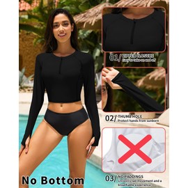 WOWENY Women's UV Protection Rash Guard Long Sleeve Crop Top with Zip Swimwear for Swimming & Water Sports, black, XL
