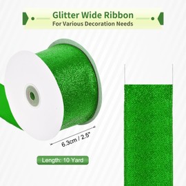 sourcing map 2.5 Inch/6.3cm Glitter Wired Ribbon, Green Sparkly Iridescent Ribbon 10 Yard for Christmas Tree Wreath Decoration Gift Wrapping, with Metallic Edge