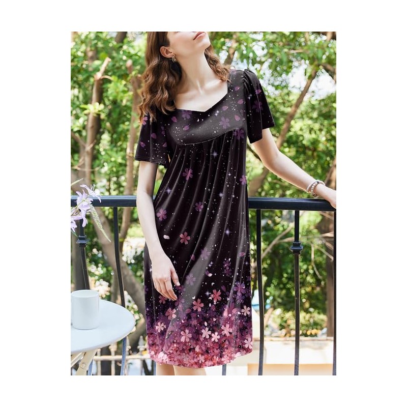 Ekouaer Women's Nightgown Pleated House Dress Short Sleeve Mumu Dress