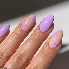 Almond Press on Nails Medium Fake Nails Purple Full Cover False Nails with Flower Designs Acrylic Nails Press on Glossy Glue on Nails Summer Floral Stick on Nails for Women Girls 24Pcs