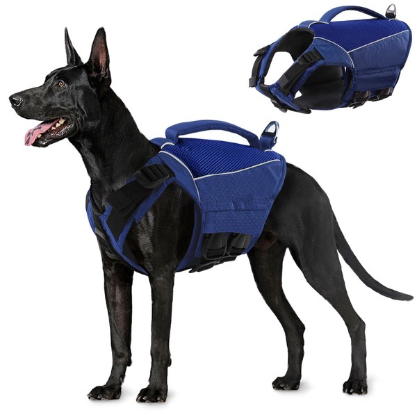 KOESON Dog Life Jacket, Large, Blue, Reflective, Rescue Handle, Nylon,