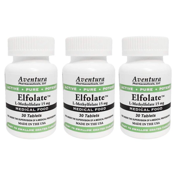 Elfolate® 15mg 3 Pack L-Methylfolate Methyl Folate Methylfolate Medical Food Supplement Doctor Recommended Professional Strength Active Pure Potent 30 Tablets