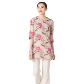 [repose time] Tunic (100% Organic Cotton Double Gauze Material) Spring Body Cover Women's 3/4 Sleeve Cotton, Large Size, Beige Floral Print, LL