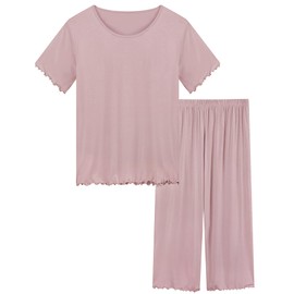 Joyaria Women's Pj Set Short Sleeve Cooling Bamboo Viscose Pajamas Set Round Neck Loose Capri Nightwear Hot Flash (Blushing Pink,Medium)