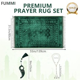 FUMMI Soft Padded Muslim Prayer Rug with Tasbih Beads, Thick Non-Slip Islamic Prayer Mat, Luxurious Janamaz for Men & Women (Green)