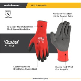 Wells Lamont Men's FX3 Nitrile Coated Grip Work Gloves – Tear & Abrasion Resistant – Heavy Duty for Construction, DIY, Mechanics – Breathable 15-Gauge Nylon/Spandex Shell – Red - XL
