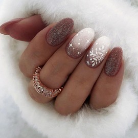 Christmas Press on Nails Short Round Fake Nails with Snowflake Glitter Designs White Gradient Nails Press ons Cute Acrylic Nails Winter Red Artificial Stick on Nails for Women 24Pcs