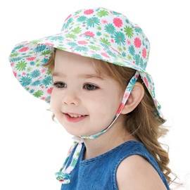 LO SHOKIM Baby Sun Hat 2 Pack Toddler UPF 50+ Summer Sun Protection Wide Brim Bucket Hat Baby Girl Beach Hat Boy Kids Adjustable Cap Summer (Light Pink + Blue Flower, XS)