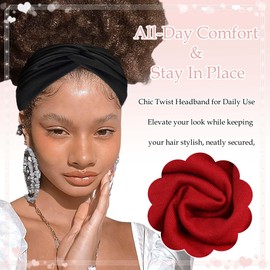 STGDAK Wide Headbands For Women Cute Boho Headband Solid Color Knotted Turban Head Bands Soft Hair Wraps Red Head Scarf Fashion Turban Hairband Black Scarf Headband For Women’s Hair Accessories