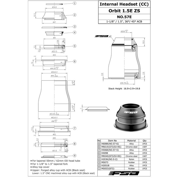 FSA No.57E Orbit Tapered Headset Sealed Bearing 1.5E ZS 1-1/8Inches to 1.5Inches OD 50/62mm, XTE1533