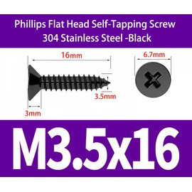 EBAIJQUO M3.5 * 16 Phillips Flat Head Wood Screws Black Xylan Coated 304 Stainless Steel Self-Tapping Screws for Wood Full Thread Woodworking fastener (100pcs)