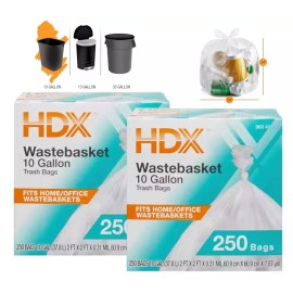 HDX HDX10G500-2PK 500-Count Waste Trash Liner Bag Clear Garbage Bag 10 Gallon, 2 Box of 250 Bags