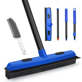Dolanx Rubber Broom Carpet Brush with Squeegee, Pet Hair Remover with 52.8 inches Long Handle, Detailing Lint Fur Removal Tool, Silicone Rug Rake for Cleaning Hardwood Floor, Tile, Window (Blue)