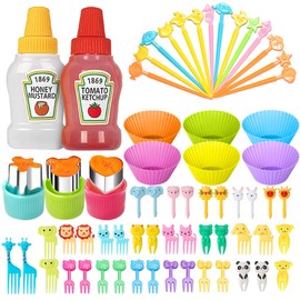 Kit 71 Piezas Mini Botellas,Incluir 2 mini Frascos, 60 mini Palillos tenedor para lunch Animales Para Fruta Niños,3 cortadores de verduras,6 Moldes Para Cupcakes,para pasteles, Oficina fiestas (71 PZ)