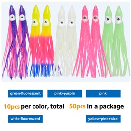 FUSIGO Fishing Squid Skirts Octopus Lures, 50pcs Glow Soft Plastic Fishing Bait Lures Trolling Lure Skirts for Bass Salmon Trout Saltwater Mix 11cm