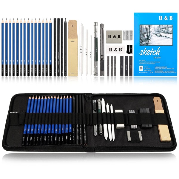 H & B Drawing Sketching Pencils Set, 35 Pack Art Kit with Sketch Book Draw Pencils Charcoal Pencil Eraser Sharpener Pencil Extender & Canvas Pencil Case for Artist Beginners Kids Adults