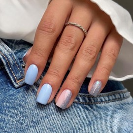 24Pcs Blue Press on Nails Short Square Fake Nails with Sliver Glitter Designs Cute Glossy False Nails Full Cover Stick on Nails Acrylic Press on Nails Glue on Nails Glue on Nails for Women Girls