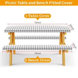 FEPITO 3 Pcs Picnic Table Cover with Bench Covers 3-Piece Set 30 x 72 Inch Picnic Vinyl Picnic Table and Bench Fitted Tablecloth Cover Gray-White Plaid for Outdoor BBQ Holiday Party Camping