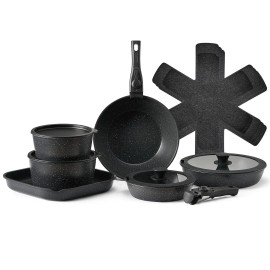 17-Piece Black Granite Nonstick Cookware Set Detachable Handle Space-Saving Induction Cooktops Model D0100XU6IXV for Kitchen RVQuantity of Cookware: 6, color: Black-Detachable Handle Color