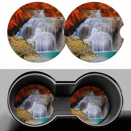 Waterfall in Deep Car Coasters for Cup Holders Car Cup Holder Coasters 2 Pack for Car, Anti Slip Ceramic Car Cup Mat with Finger Notch Cute Car Interior Accessories for Women Men
