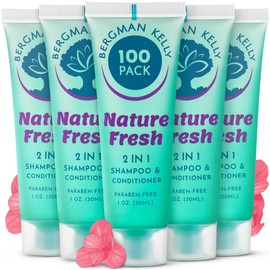 BERGMAN KELLY Travel Size Shampoo & Conditioner 2 in 1 (1 Fl Oz, 100 PK, Nature Fresh), Delight Your Guests with Refreshing & Soothing Shampoo Amenities, Small Hotel Toiletries in Bulk