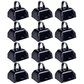 Cow Bells Noise Makers Cheering Bell: 12 Pcs Metal Cowbells with Handle for Sporting Events - Small Loud Bell Bulk Hand Percussion for Football Games Graduation Weddings-Black