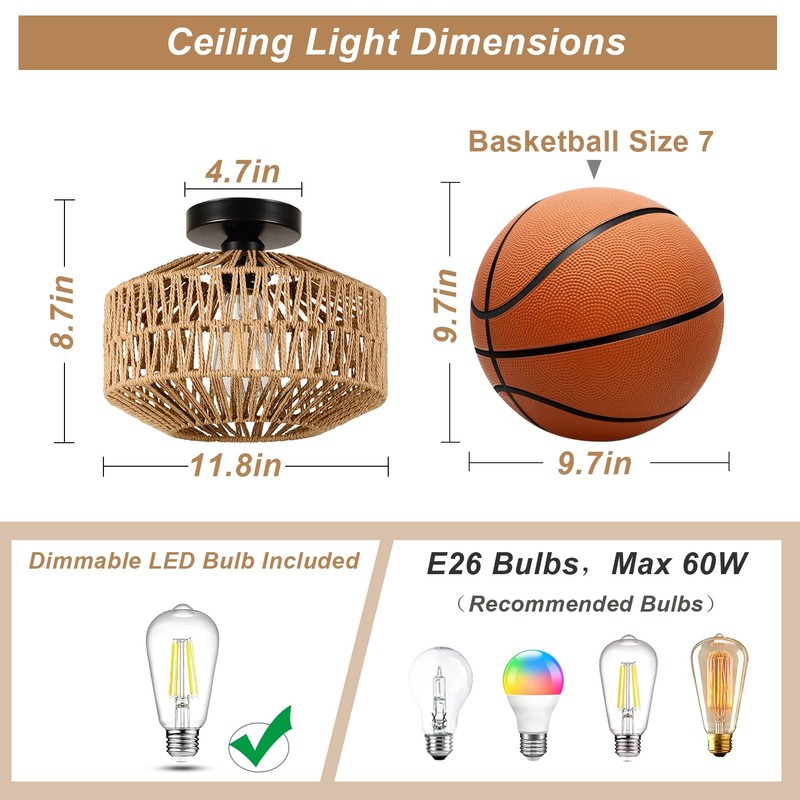 Jobtical Boho Light Fixtures Ceiling Mount,Mini Rattan Chandelier Light Fixture