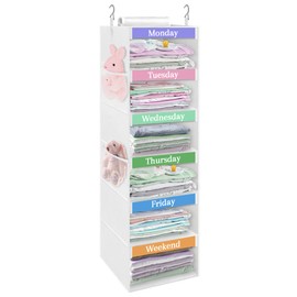 punemi Weekly Clothes Organizer for Kids, 6-Shelf Hanging Closet Storage with Side Pockets, Days of The Week Design, 11.8" x 11.8" x 37.8", Perfect for Organizing a Week's Worth of Kids' Clothing