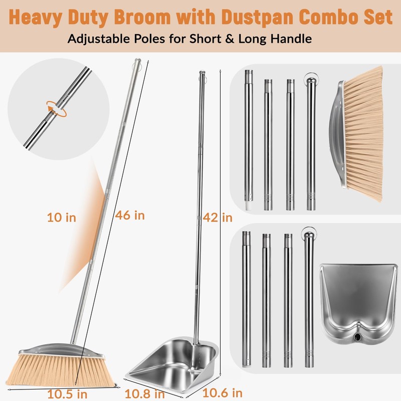 VOOWO Broom with Dustpan Combo Set, 46" Stainless Steel Broom