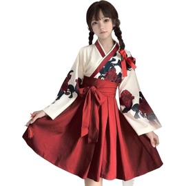 Lady Lazy Taisho Roman, Hakama, Kimono, Kimono, Dress, Long, Floral, Lolita Clothing, Large Size, Loose, Cute, Black, Red, Floral, Solid, Gothic Lolita Cosplay, Adult Costume, Yukata, Miko, Showa,