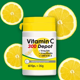 Vitamin C 300 Depot + Zinc + Histidine + Vitamin D Capsules, for a Healthy Immune System, Long-Lasting Depot Effect, Laboratory Tested, Made in Germany