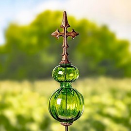 Zaer Ltd. Colored Blown Glass Garden Stake with Cast Iron Finial on Top (Pack of 2) (Pastel Green)