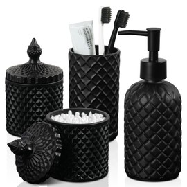 RYTOXILO Matte Black Bathroom Accessories Set, 4 Pack Black Bath Accessory Sets Complete, Diamond Glass Soap Dispenser and Toothbrush Holder Set for Bath Counter Decor Organizer Essentials