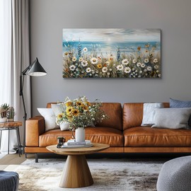 SERIMINO Large Wall Art for Living Room, Coastal Landscape Wall Decor, Beach Daisy Canvas Prints Farmhouse Decor, Wildflowers Bathroom Pictures Home Decor Aesthetic, Dining Room Kitchen Artwork 24"X48"
