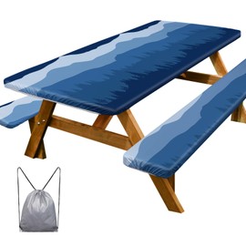 ICOSY Picnic Table Cover with Bench Covers 30 x 72 inch, Windproof Camping Essentials Table Cloths Fitted Rectangle Tablecloth for 6 Foot Tables, Camping Gifts Accessories for RV Campers
