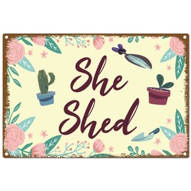 CREATCABIN She Shed Signs Tin Plate Flowers Leaves Cactus Metal Sign Funny Plaque Retro Poster Bathroom Wall Decorations for Outdoor Indoor Home Hotel Restroom Door Decor, 8x12Inch