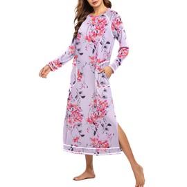 Ekouaer Nightgowns for Women Cotton Soft Long-Sleeve Long Women Sleepwear Nightdress Moo Moo Nightgown Floral Lilac L