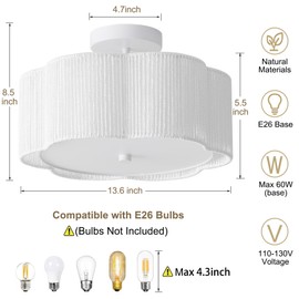 Giutna 13.6" Boho Light Fixtures Flush Mount, 3-Light Rattan White Semi Flush Mount Ceiling Light, 6 Petals Flower-Shaped Rattan Bedroom Light Fixtures for Hallway Kitchen Dining Room(White)