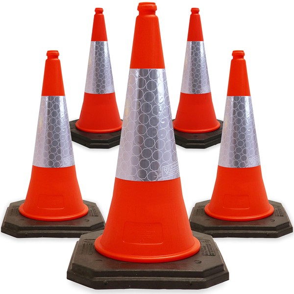 Street Solutions 28'' inch Traffic Safety Cones 5 pcs with Reflective Collars, Unbreakable PVC Orange Construction Cones for Home Road Parking Use