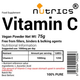 Nutrics® 75g Vitamin C 100% Pure L ASCORBIC Acid - Vegan Powder - Free from fillers Binders & Bulking Agents (75g)