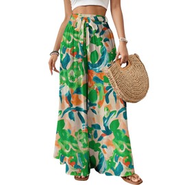 Bsubseach Wide Leg Pants Woman Flowy Floral Palazzo Pants for Women High Waisted Summer Casual Trousers Cruise Outfits Green Printed XXL
