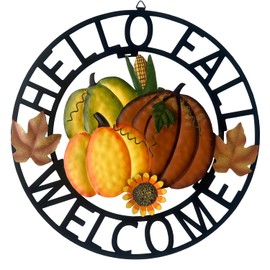 Rustic Metal Pumpkin Hello Fall Welcome Door Wreaths Signs Perfect Autumn Decor for Your Home, Rustic Seasonal Fall Harvest Front Door Sign Porch Wall Decorations