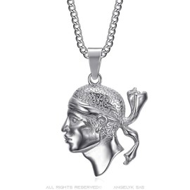 BOBIJOO Jewelry - Silver Plated Stainless Steel Moor's Head Pendant with 60cm Chain 30x30mm - Symbolic Corsica Jewellery 20g