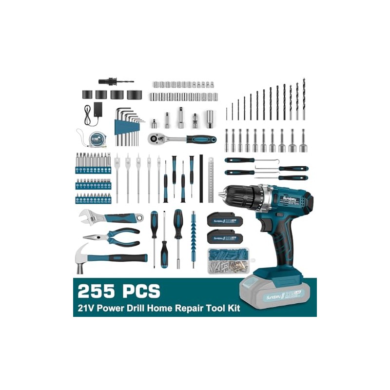 Tool Kit with 21V Cordless Drill - Sundpey 255-PCs Portable