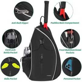 Ytonet Tennis Bag, Tennis Sling Backpack Crossbody Water Resistant for Men Women, Holds Tennis Badminton Squash Rackets, Pickleball Paddles Set, Racquets, Balls and Other Outdoors Sports Accessories…