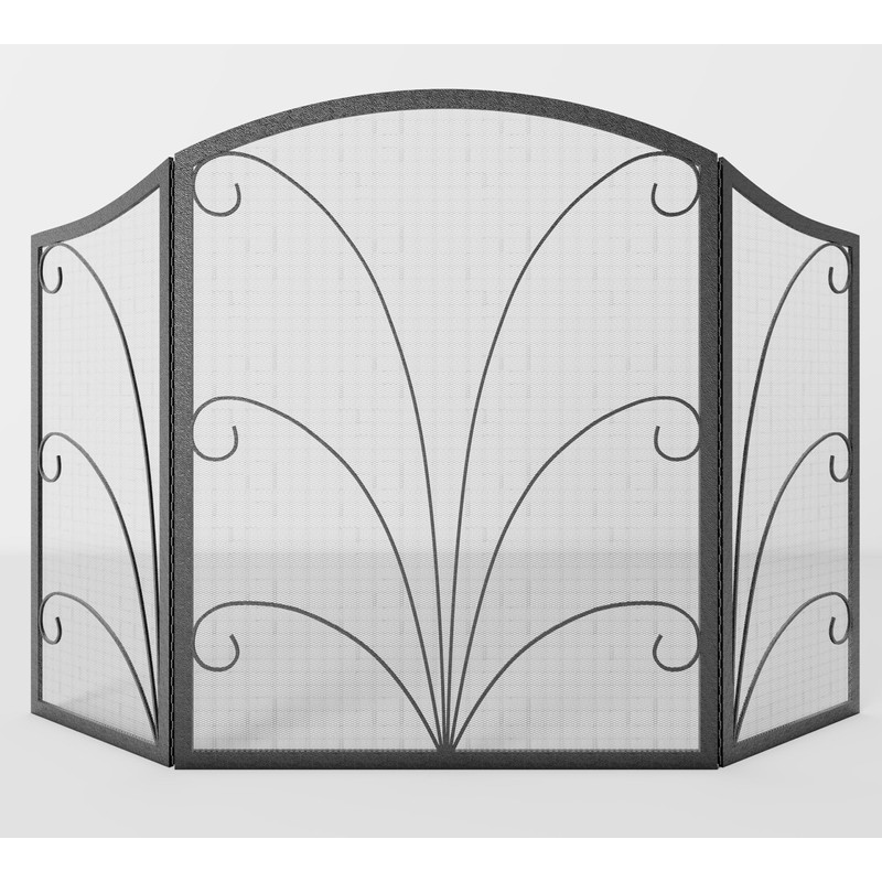 Kingson 3-Panel Arched Fireplace Screen Decorative, Handcrafted Scroll Wrought Iron